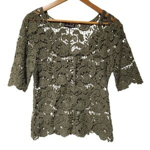 Crochet Lace Button Top Womens Size XS Beachy Coastal Sheer Festival Olive Green